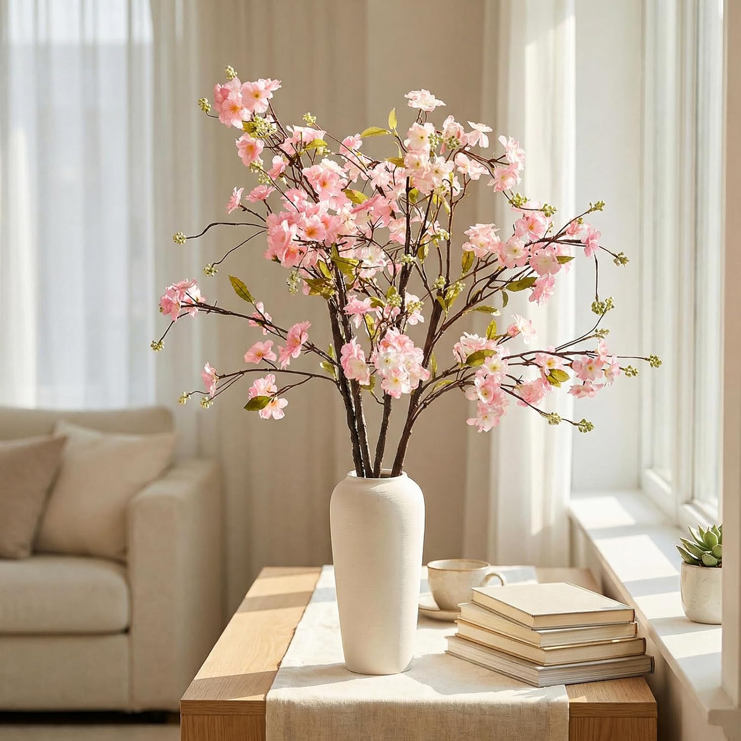 Giegxin 35in Pink Artificial Cherry Blossom Branches Fake Spring Faux Cherry Blossom Branch Intertwined with Green Budding Long Stem 3 Pcs for Vase Floral Arrangement Wedding Party Spring Decoration