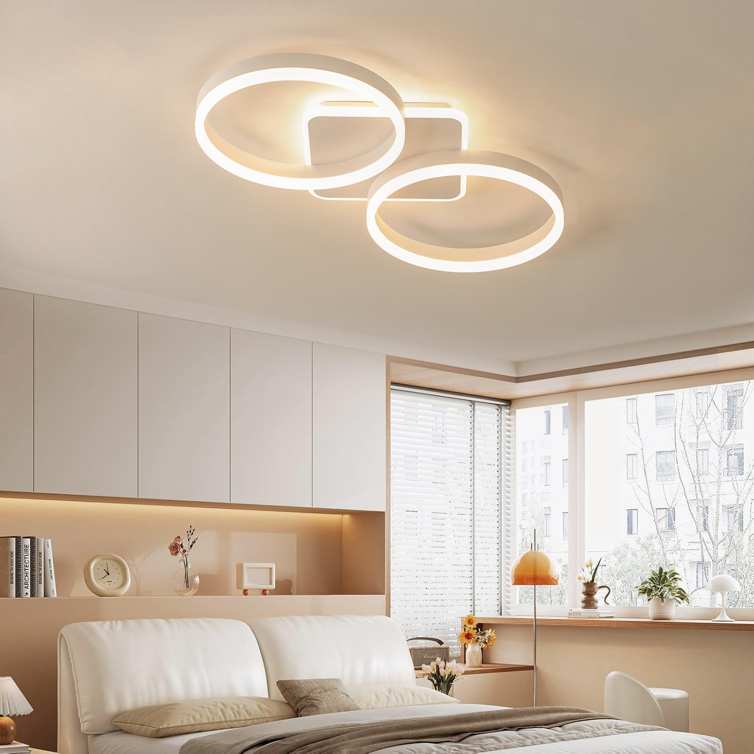 LED Deckenleuchte Dimmbar Wohnzimmer 42W Deckenlampe Weiß 65cm | Modern 2-Ring Design Deckenbeleuchtung mit Fernbedienung APP und Nachtlicht Memory-Funktion für Schlafzimmer, Büro, Esszimmer