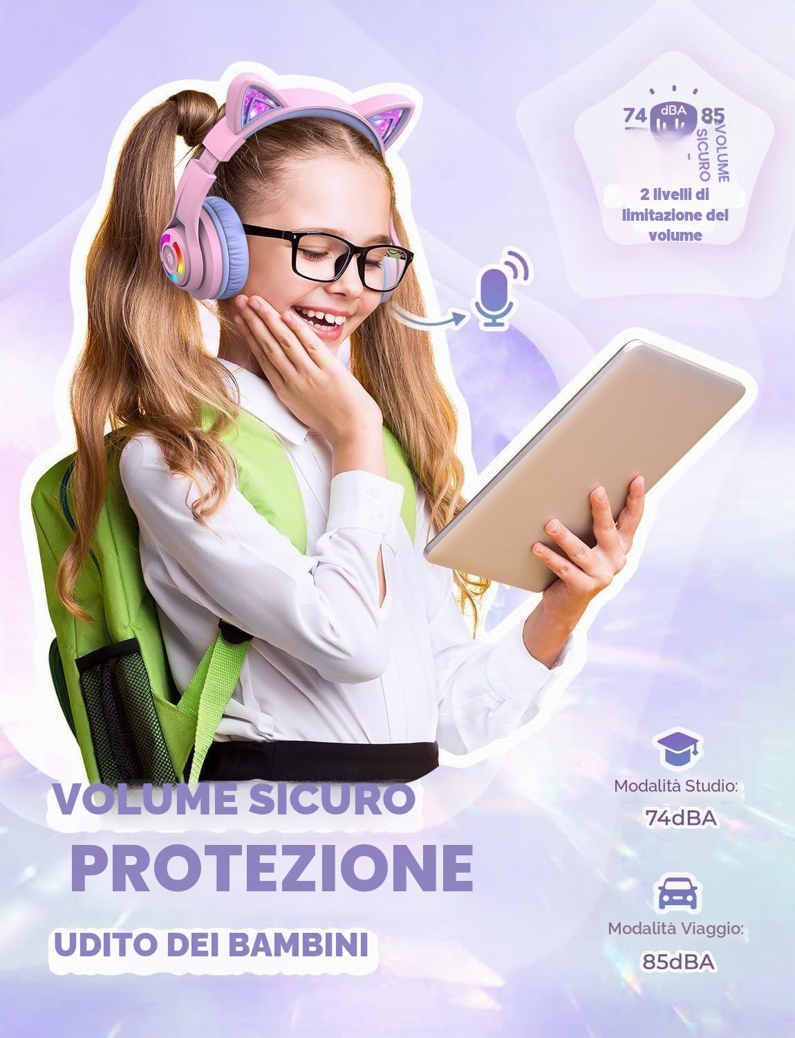 iClever Cuffie Bluetooth per Bambini, BTH13 Cat Ear LED Cuffie Wireless Bambini con Mic, 50 Ore di Riproduzione, 74/85dBA di Limitazione del Volume