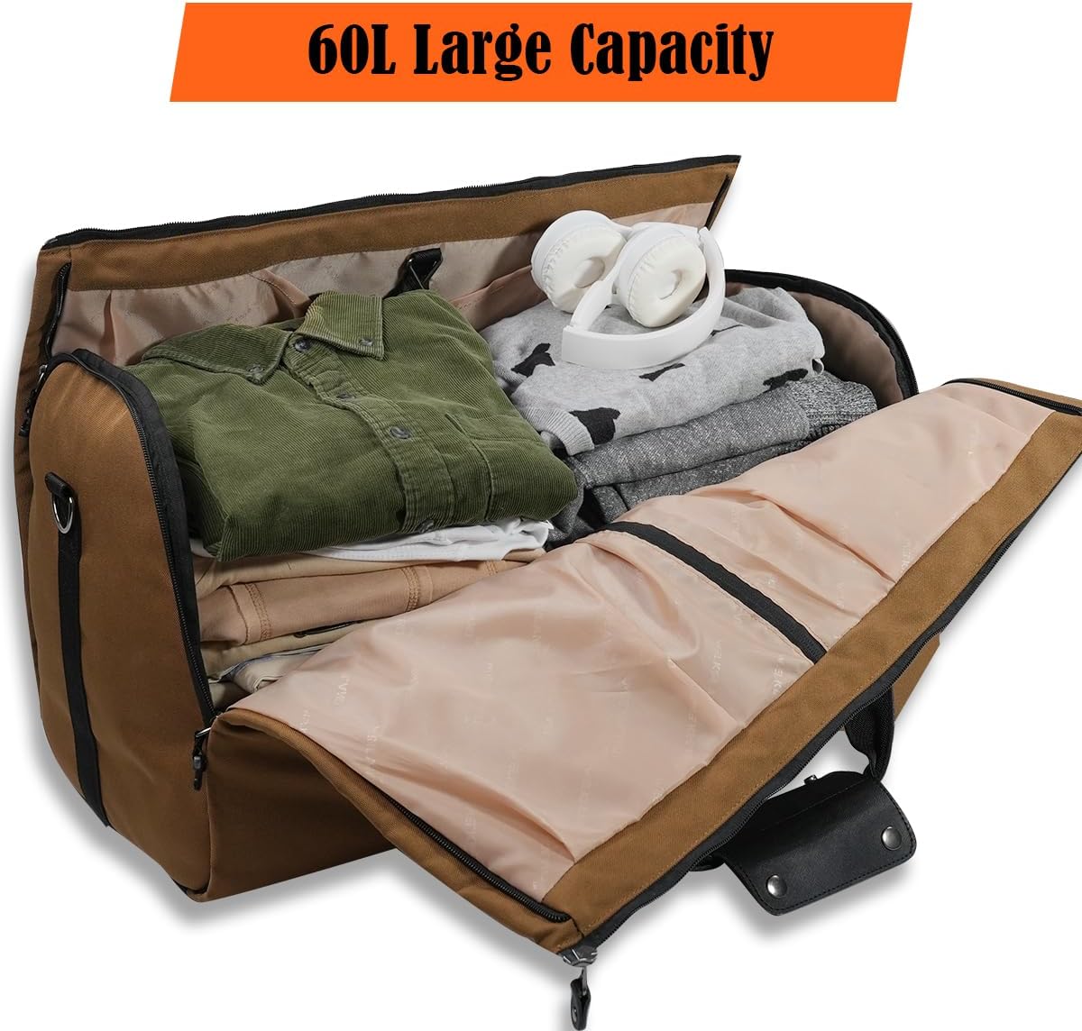 WELKINLAND 2-Suit Garment Duffle Bags for Travel Men, 60L-Large Carry on Garment Duffel Bag, Convertible Garment Duffel Bag w/Shoe Compartment, Foldable Garment Bags for Hanging Clothes Travel - Image 3