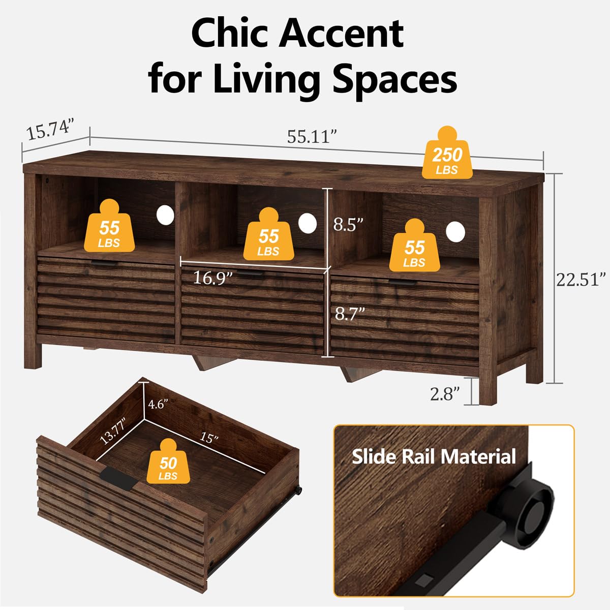 BON AUGURE Fluted TV Stand for 65/55/50 Inch TVs, Brown Modern Entertainment Center with Storage Drawers and Shelves, Wood Television Media Console Cabinet for Living Room,Bedroom (Rustic Oak)