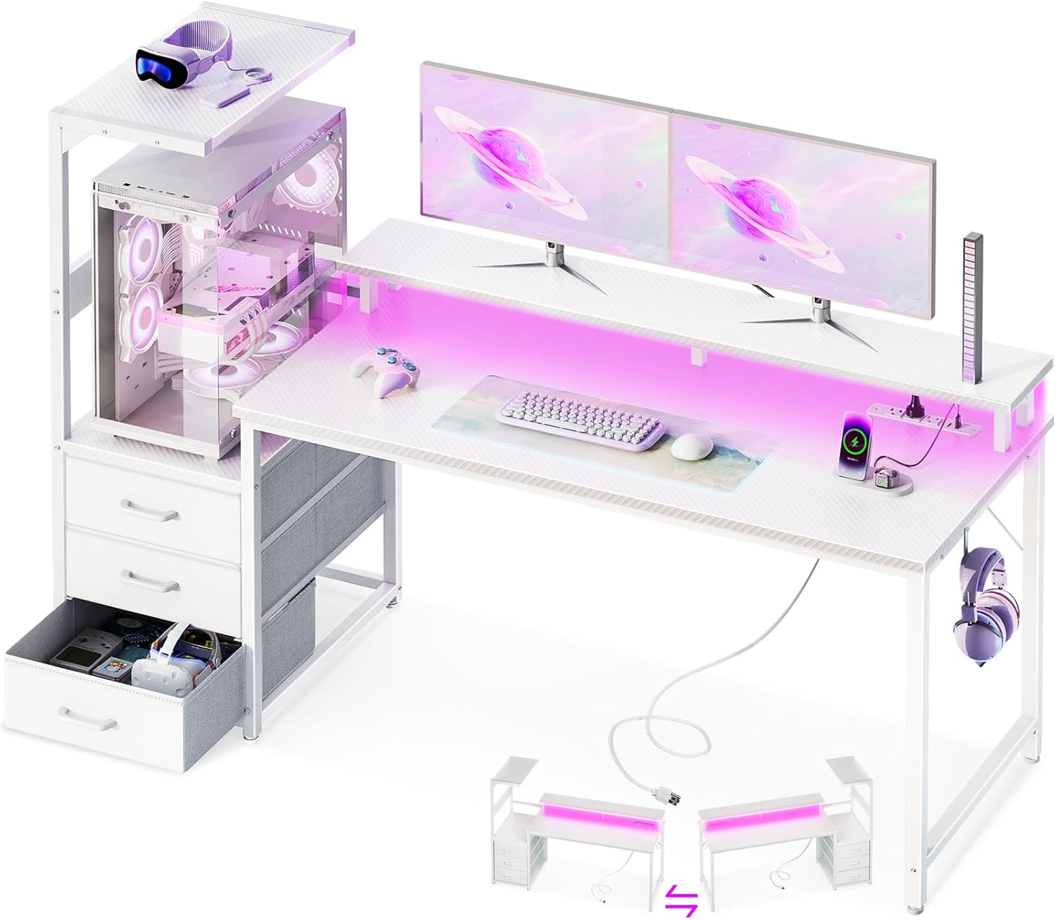 Casaottima 59 Inch Gaming Desk with USB Charging Ports & LED Light - Reversible Computer Desk with 3 Fabric Drawers, Monitor Stand, CPU Stand, and Side Hook, Modern Office Desk, White White 59 inch