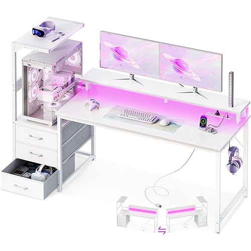 Casaottima 59 Inch Gaming Desk with USB Charging Ports & LED Light - Reversible Computer Desk with 3 Fabric Drawers, Monitor Stand, CPU Stand, and Side Hook, Modern Office Desk, White