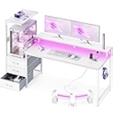 Casaottima 59 Inch Gaming Desk with USB Charging Ports & LED Light - Reversible Computer Desk with 3 Fabric Drawers, Monitor Stand, CPU Stand, and Side Hook, Modern Office Desk, White