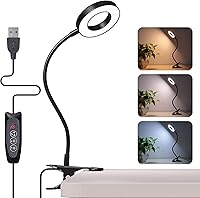 Vista 1 de Foneso Lámpara de escritorio con clip, luz de 48 LED, USB, con 3 modos de color, 10 niveles de brillo, protección ocular, cuello de ganso flexible