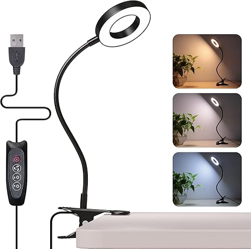 Miniatura 10 de Foneso Lámpara de escritorio con clip con adaptador, lámpara de lectura de 48 LED con puerto de carga USB, 3 modos de color, 10 niveles de brillo,