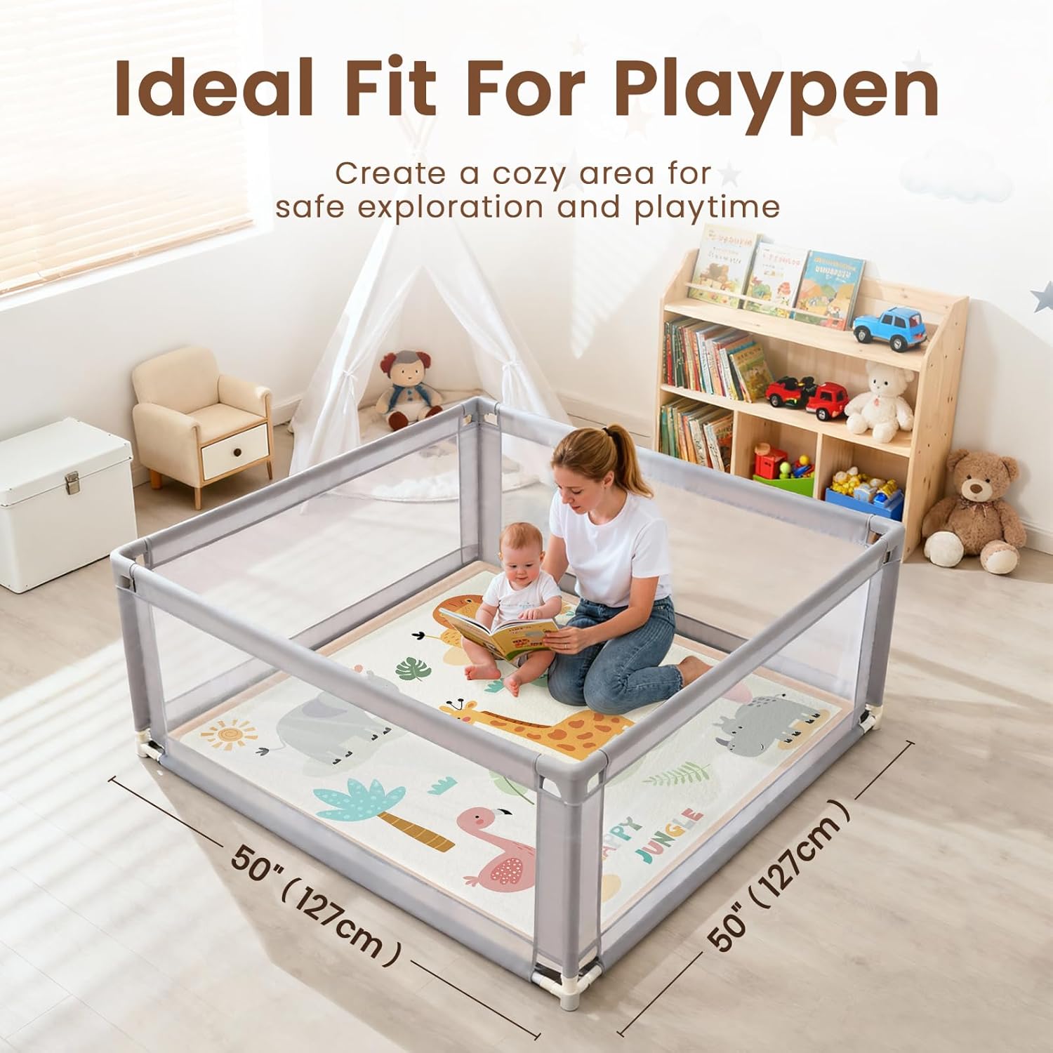 50"×50" Baby Play Mat for Floor & Playpen, 1.2" Thick High-density Foam Nursery Mat for Tummy Time, Soft Plush Carpet with Non-slip Bottom for Infant Toddler Baby Crawling & Playing (Animals)