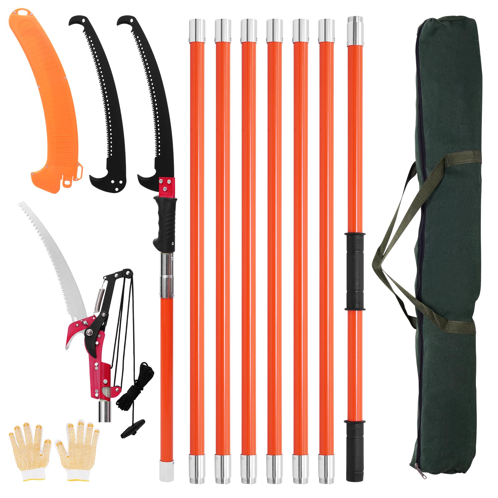 Sierra de poste manual, podadora de árboles extensible de 7 a 27 pies, hoja de acero afilada y tijeras, podadora de ramas altas, recortadora de ramas con 8 asas ligeras de fibra de vidrio, para podar