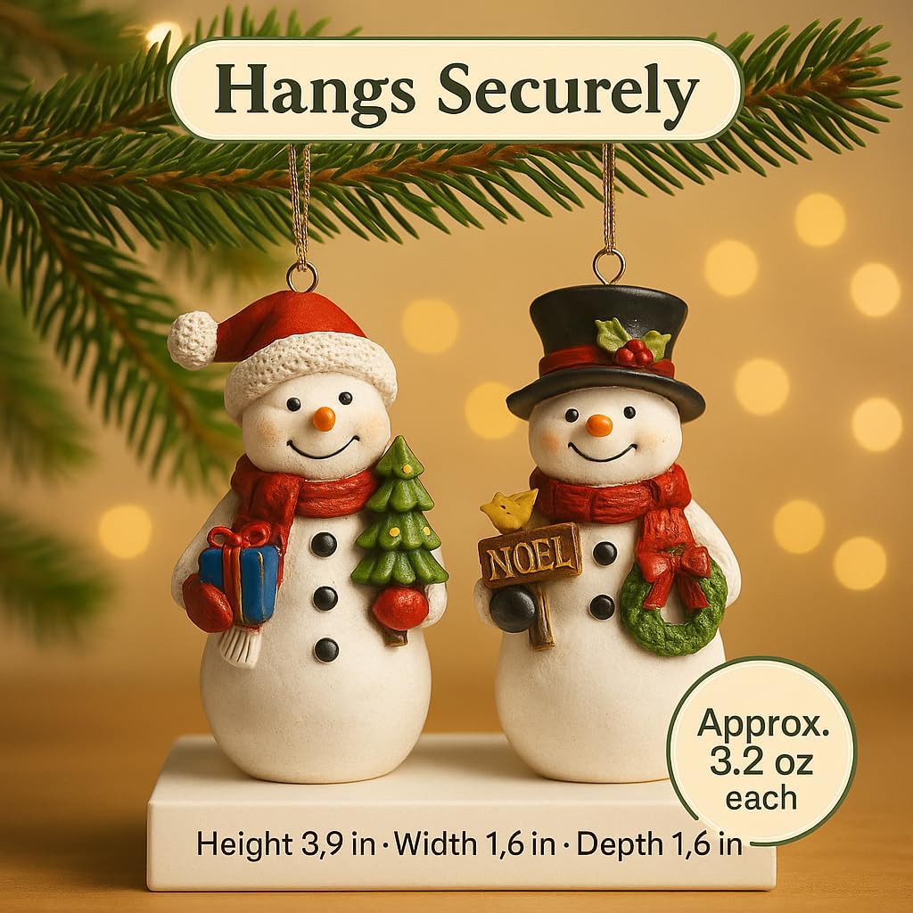 Christmas Snowman Ornament Set of 2 – Hand-Painted Resin Figurines with Hanging Cord, Cute Holiday Decorations for Tree, Mantel, or Gift – 4" Tall Lightweight Christmas Decor (Snowmen) - Image 6