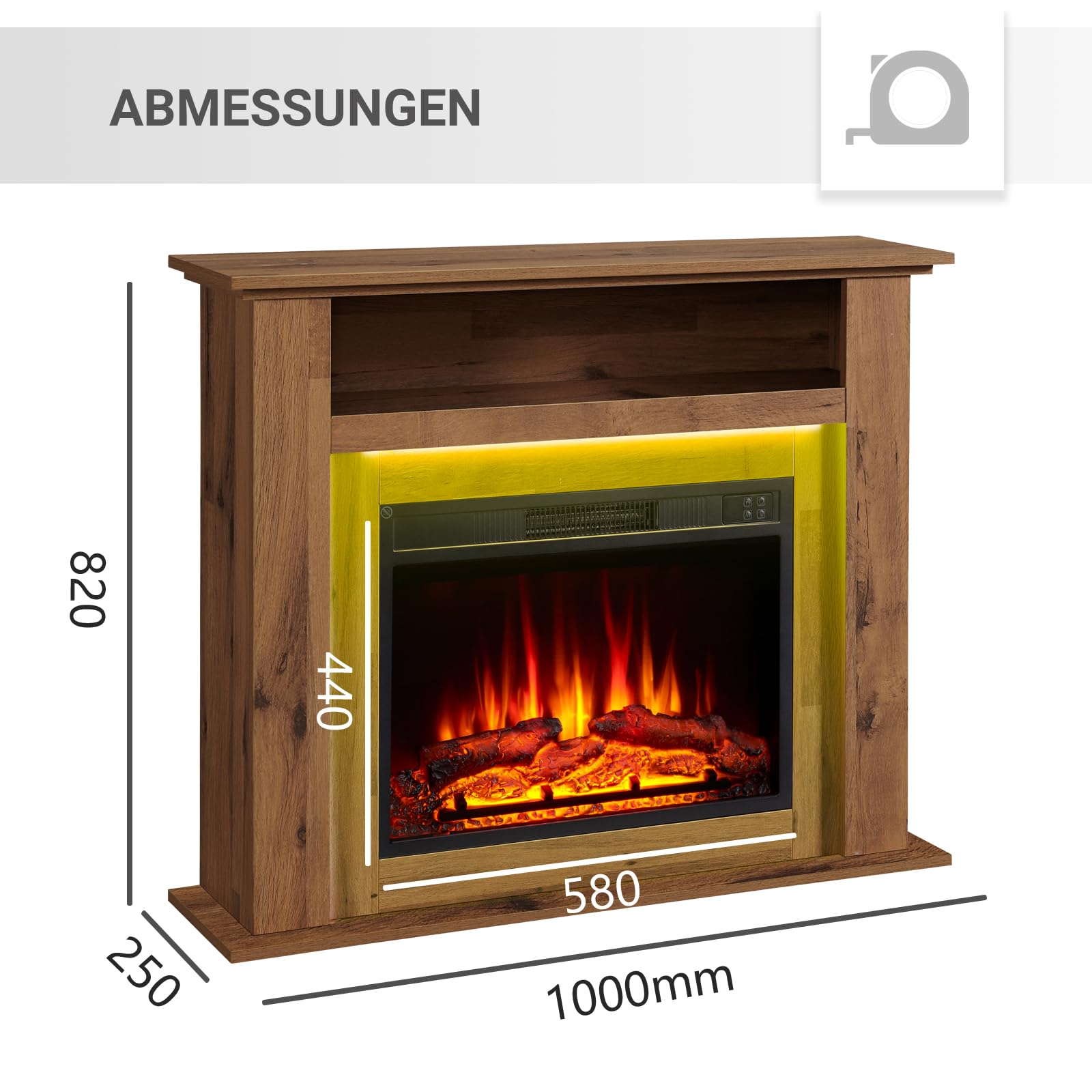 Camino elettrico BALDERIA Liora - Caminetto elettrico con vano portaoggetti, effetto fiamma 3D, illuminazione d'ambiente a LED, riscaldamento 2000W, timer, termostato, telecomando - rovere scuro