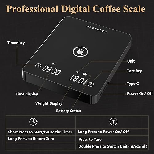 Miniatura 3 de ECORELAX Báscula de café con temporizador, 6.6 lbs0.00 oz de alta precisión para verter sobre goteo, báscula de café digital recargable con pantalla