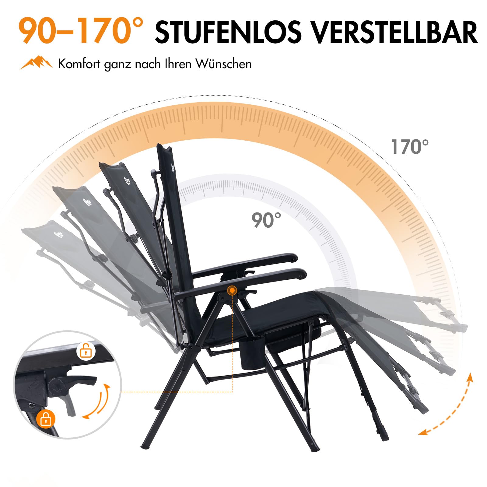 Portal Liegestuhl Klappbar Garten Campingstuhl Faltbar mit Fußablage 180KG Klappliege mit Zero-Gravity-Funktion Sonnenliege im Bündel-Falt-Design verstellbare Liege für Terrasse Strand Indoor