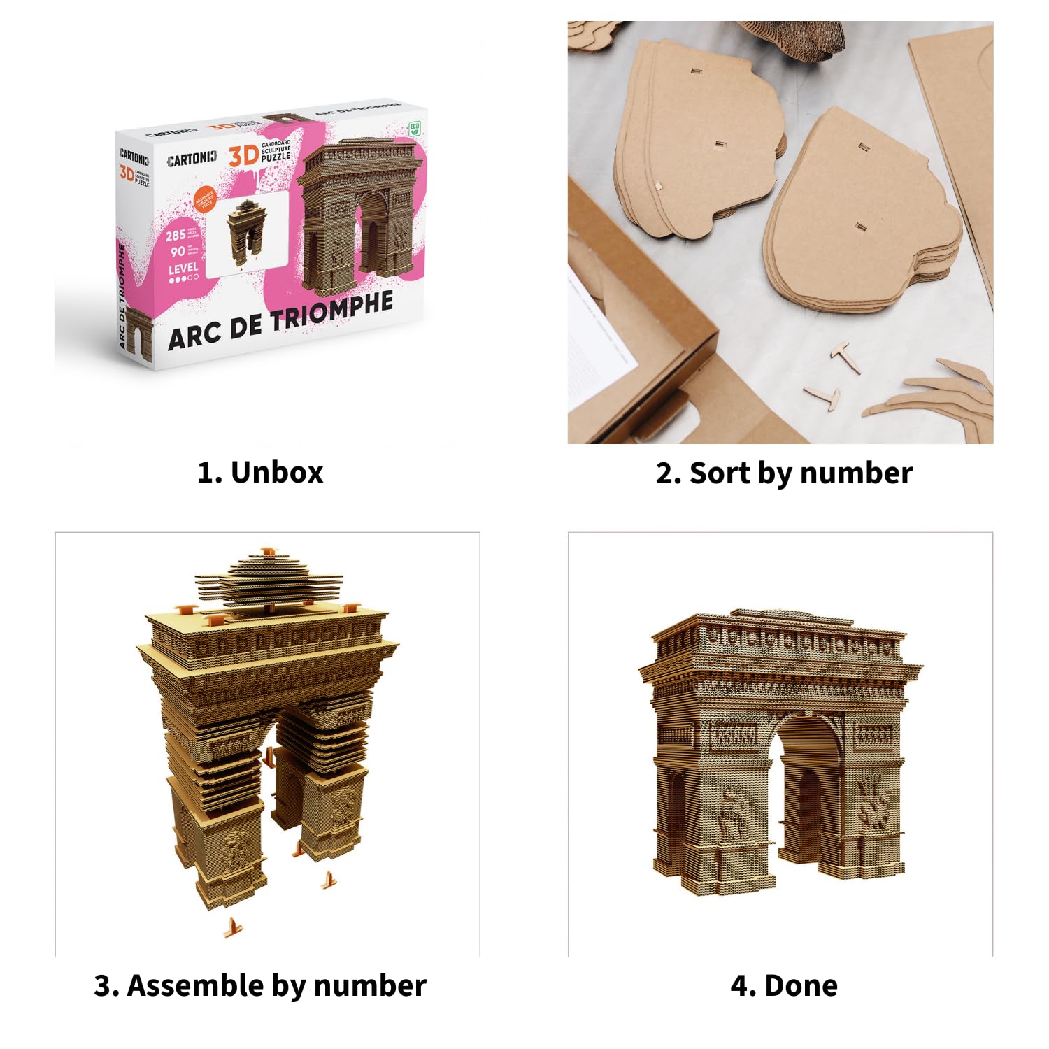 Arco de Triunfo Puzzle 3D de Cartón – Maqueta para Montar | 285 Piezas, 18 × 17 × 9 cm – Kit Escultura DIY para Pintar, Material Reciclado, Adolescentes y Adultos, Idea de Regalo