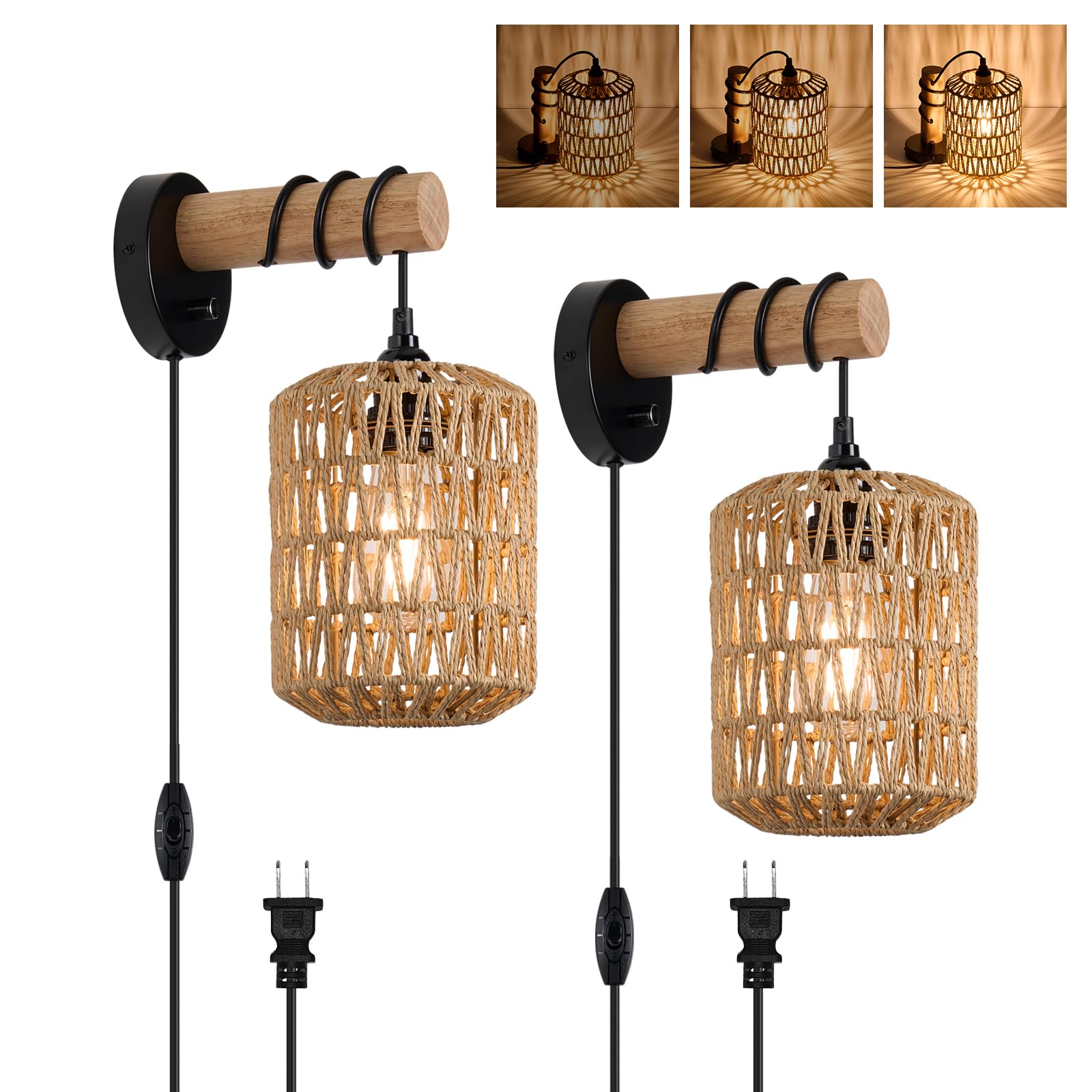 ALAISLYC Rattan Plug in Wall Sconce Bedroom Sconces Set of 2 Boho Dimmable Wall Lamp with Plug in Cord Hanging Wall Lights for Living Room