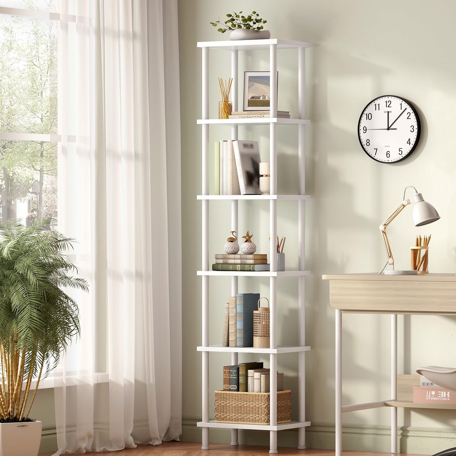 HOOBRO Étagère à 6 Niveaux, Étagère de Rangement Rétro, Serrage Croisé, Bibliothèque Industrielle, Présentoir en Panneaux de Particules, pour Salon, Bureau, Blanc EWW165SJ01