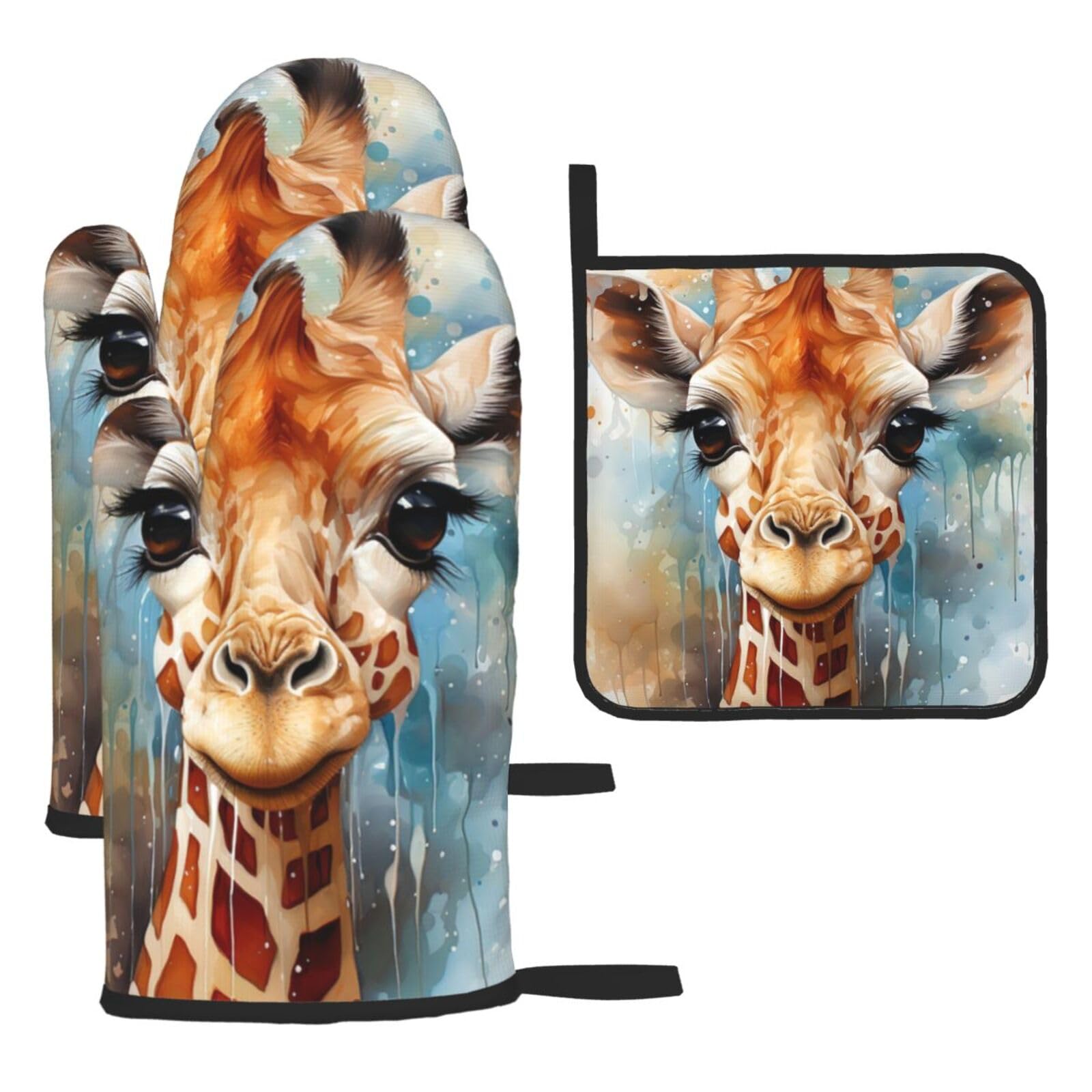 Oven Mitts and Pot Holders Sets of 3 Cute Giraffe Watercolor Oven Mitts 3 Pcs Heat Resistant Non Slip Ovens Gloves Hot Pads Kitchen Gloves Potholders for Baking Cooking BBQ Grilling
