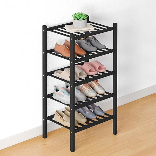 Miniatura 101 de Smiry Zapatero de bambú para clóset, organizador de zapatos apilable de 4 niveles largo de madera, estante de almacenamiento de zapatos Negro