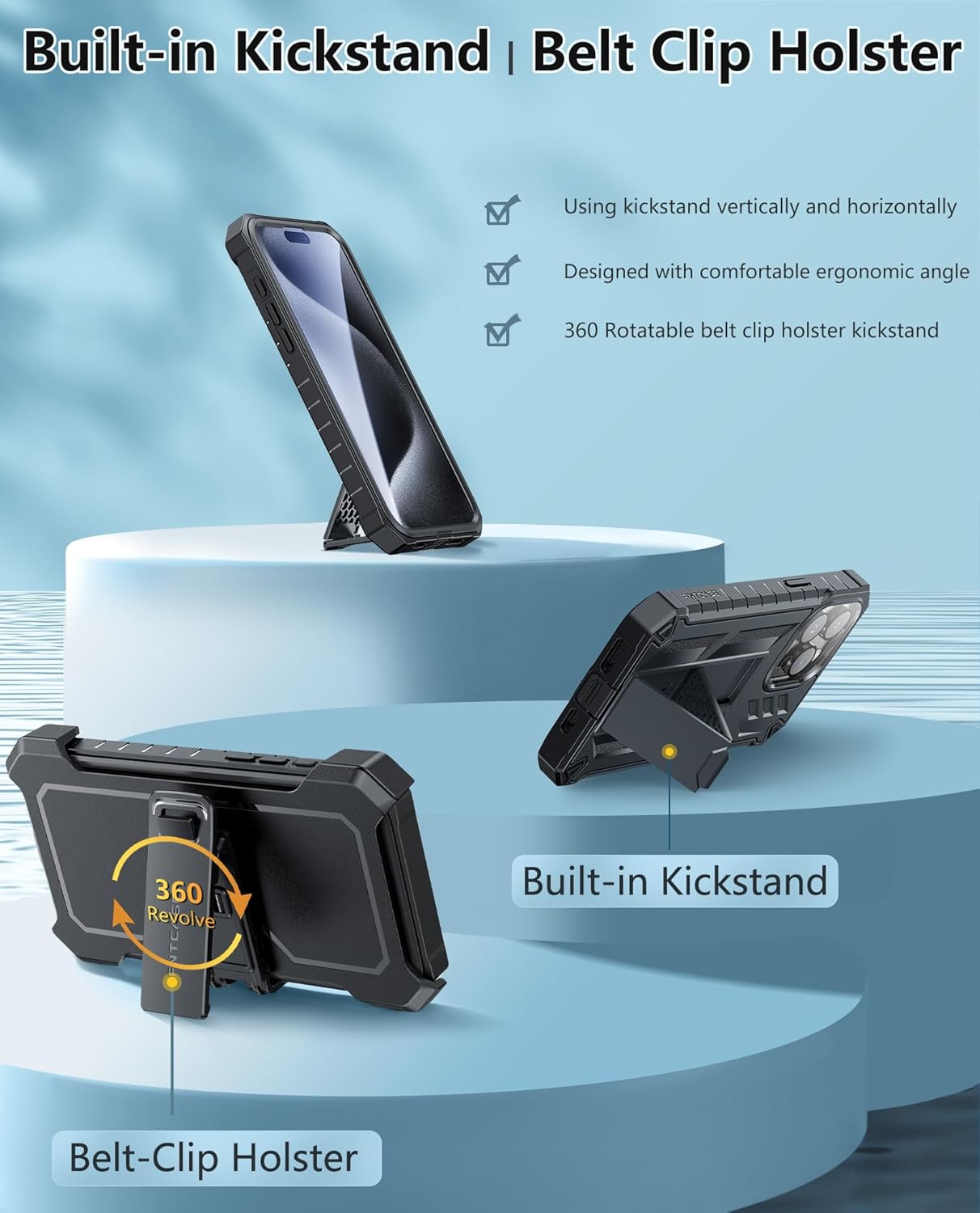 FNTCASE for iPhone 15-Pro-Max Phone Case 6.7", Built-in Screen Protector & Kickstand & Belt-Clip Heavy Duty Military Grade Shockproof Protection Rugged Case - Black - Image 4