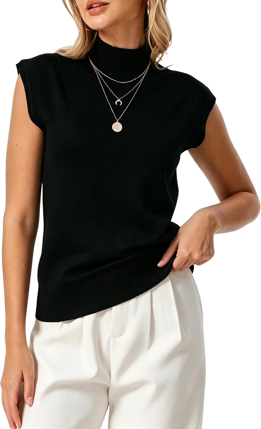 INKOFF Sleeveless Mock Turtleneck Knit Tops Cape Sleeve Business Casual Sweater Vest High Neck Tank