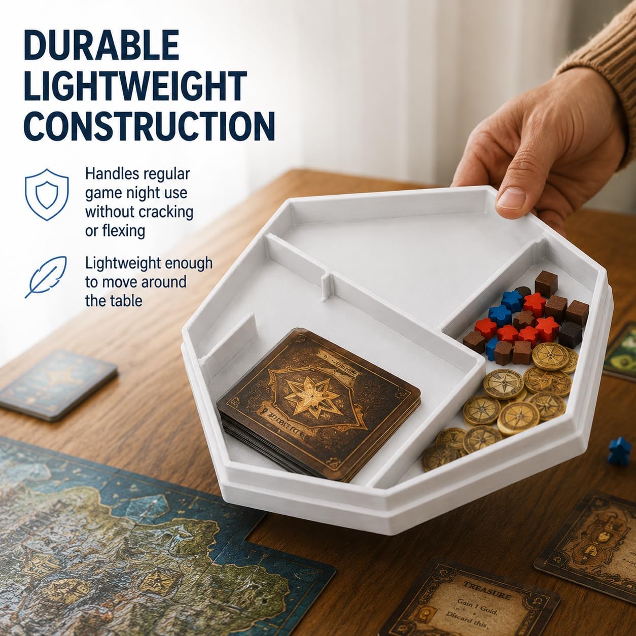Board Game Piece Organizer with Dividers – Freestanding Card and Token Holder | Tabletop Game Night Storage Tray | Keeps Components Sorted and Game Table Clutter-Free