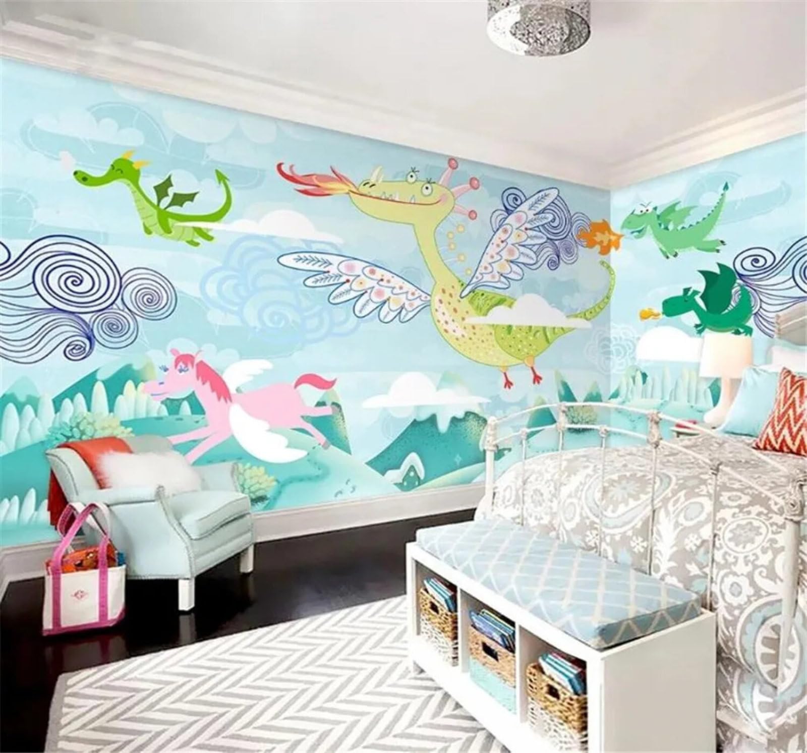 Xlming 200Cm×140Cm(B×H) Hand Drawn Watercolour Mountain Peaks Trees Dinosaurs 3D Wallpaper Premium Textured Silk Study Dining Living Room Bedroom Sofa Tv Wall Easy Install-200Cm×140Cm