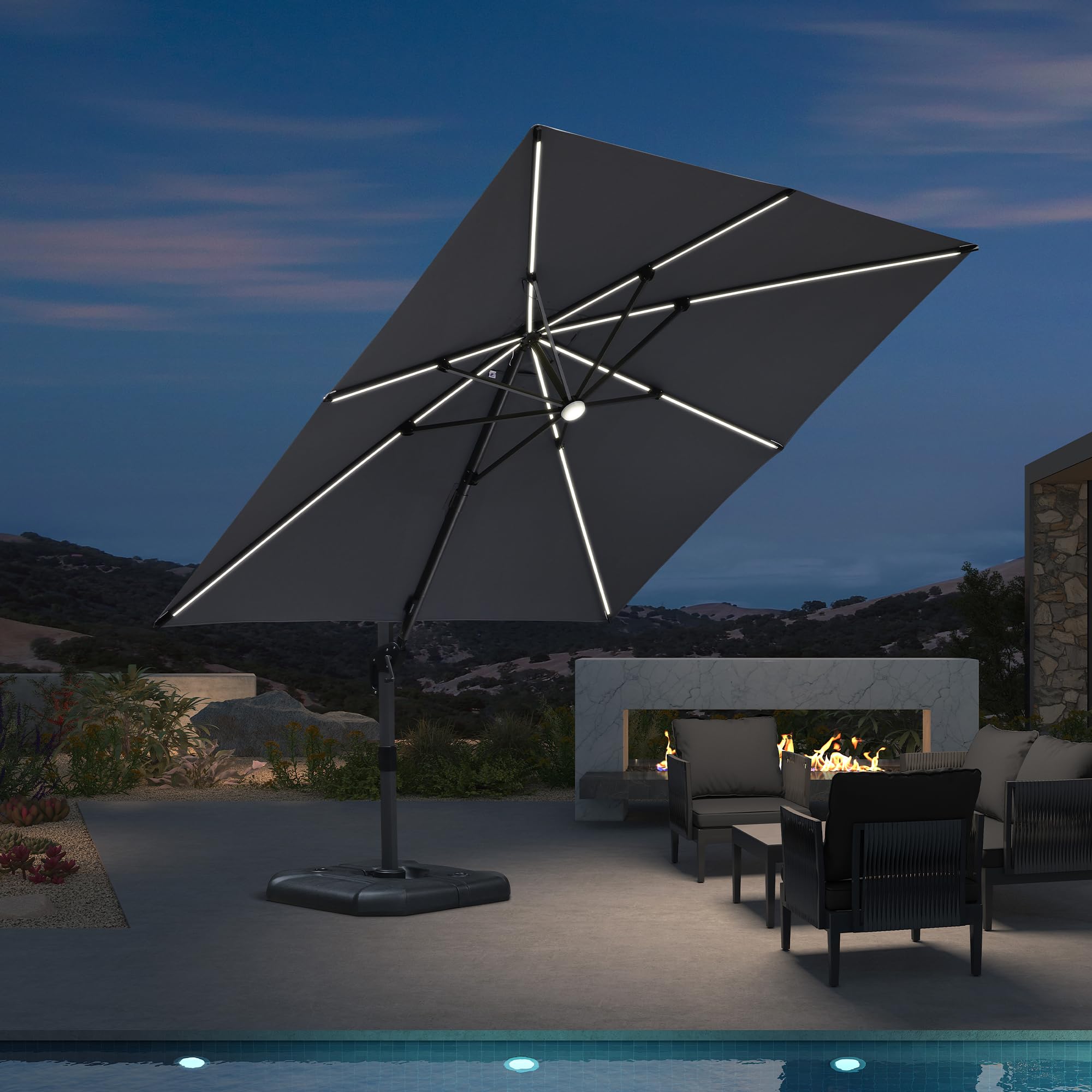 PURPLE LEAF Sonnenschirm 300 x 300 cm, Aluminium Ampelschirm mit Solar LED Beleuchtung, Gartenschirm mit Kurbel, 360° Rotation, UV-beständig, Hellgrau