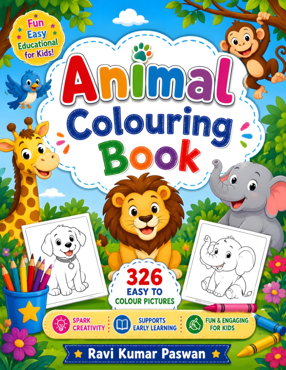 Cute Animals Coloring Book for Kids Ages 3-6: Fun and Easy Animal Coloring Pages for Toddlers and Preschool Kids | Cute Jungle, Farm, Wild & Pet Animals for Boys and Girls