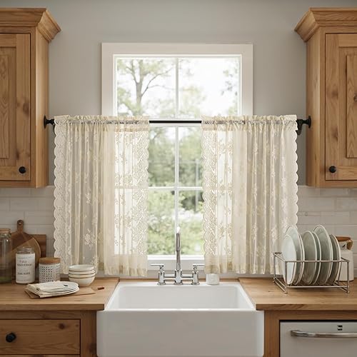 Miniatura 60 de Kotile Cortinas traslúcidas beige de 96 pulgadas de largo para sala de estar, 2 paneles de cortinas rústicas de encaje florales retro crema para