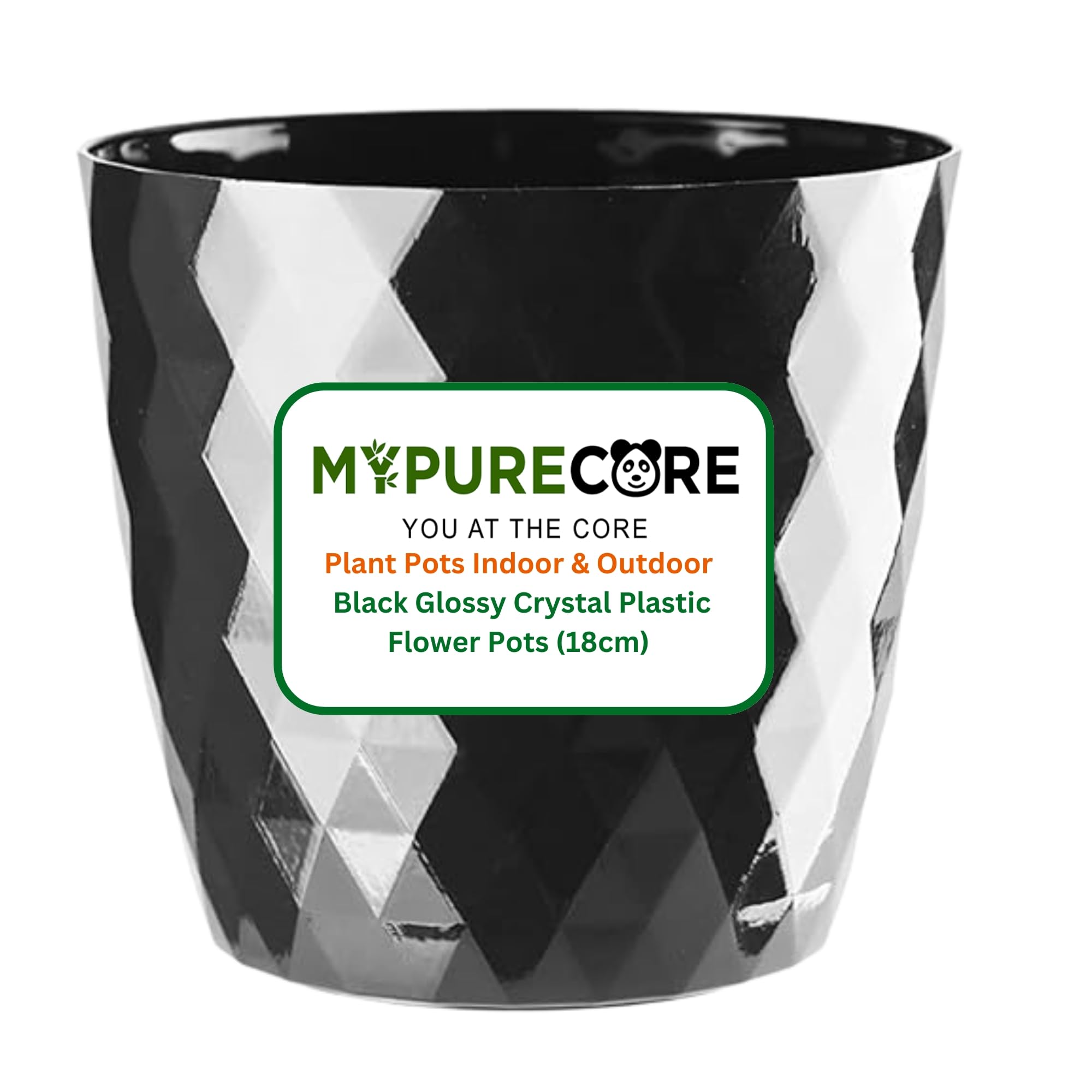 MYPURECORE Plant Pots Indoor 18cm – Stylish Decorative Plastic Flower Pot with Glossy Crystal Surface – Durable Indoor & Outdoor Planter for House Plants, Herbs (Black, 18 cm)