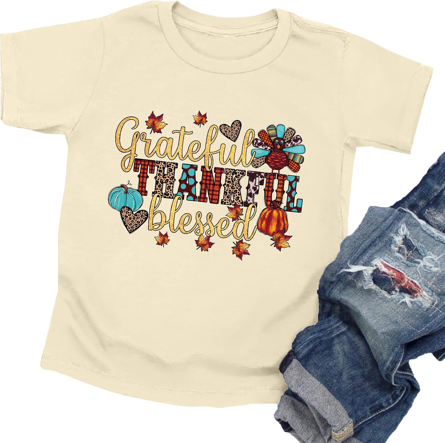 Thankful Grateful Blessed Shirts Toddler Boys Girls Thanksgiving Pumpkin T-Shirt Graphic Fall Tshirts