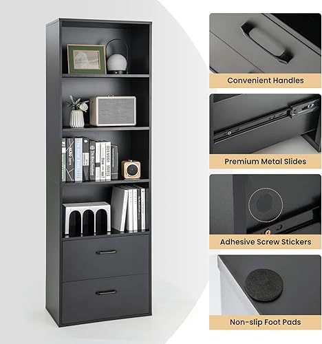 Miniatura 9 de Estantería de 74 pulgadas de alto, estantes de almacenamiento abiertos de 4 niveles con 2 cajones, estantería de pie con kits antipuntas, armario