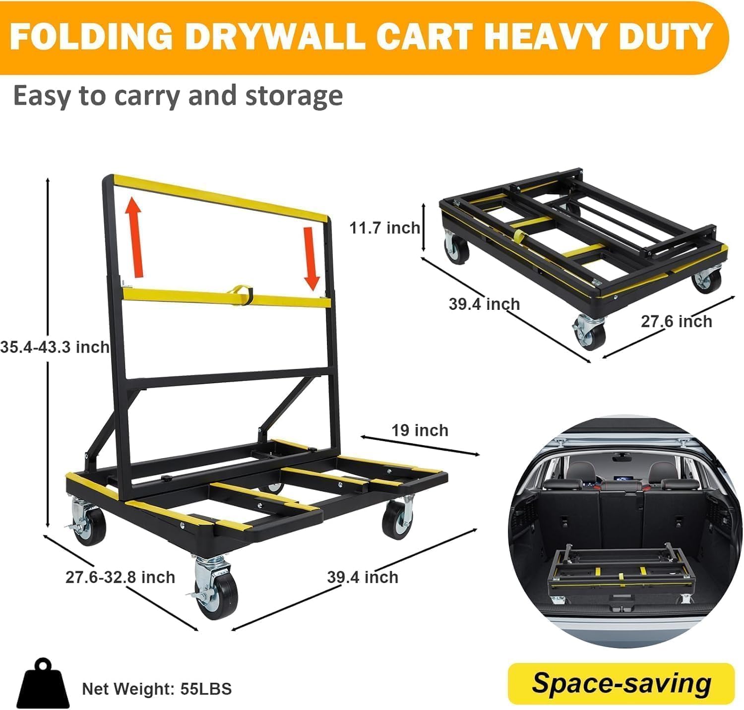 Folding Drywall Cart, Heavy Duty Panel Cart with 2200 Lbs Capacity, Drywall Dolly with Extendable Deck & 4 Rubber Swivel Casters, Portable Hand Truck for Transporting Drywall, Glass, Plywood