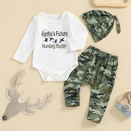 Miniatura 2 de Conjunto de ropa de 3 piezas para bebé recién nacido, manga larga, con letras de ciervo, pantalones de camuflaje con sombrero, conjunto de ropa