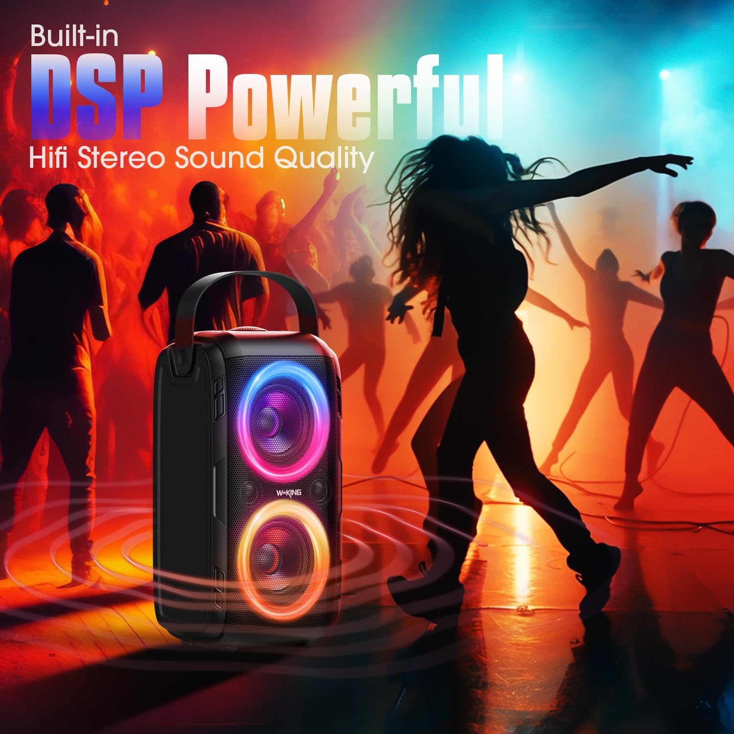 W-KING Enceinte Bluetooth Puissante, (180W MAX)80W Party Haut Parleur Bluetooth Chantier Speaker-Super Bass, énorme Son de 105DB, 4 Pilotes(Woofer 2*4.04''),LED, IPX5, Disque U, 24H, Carte TF, AUX, EQ