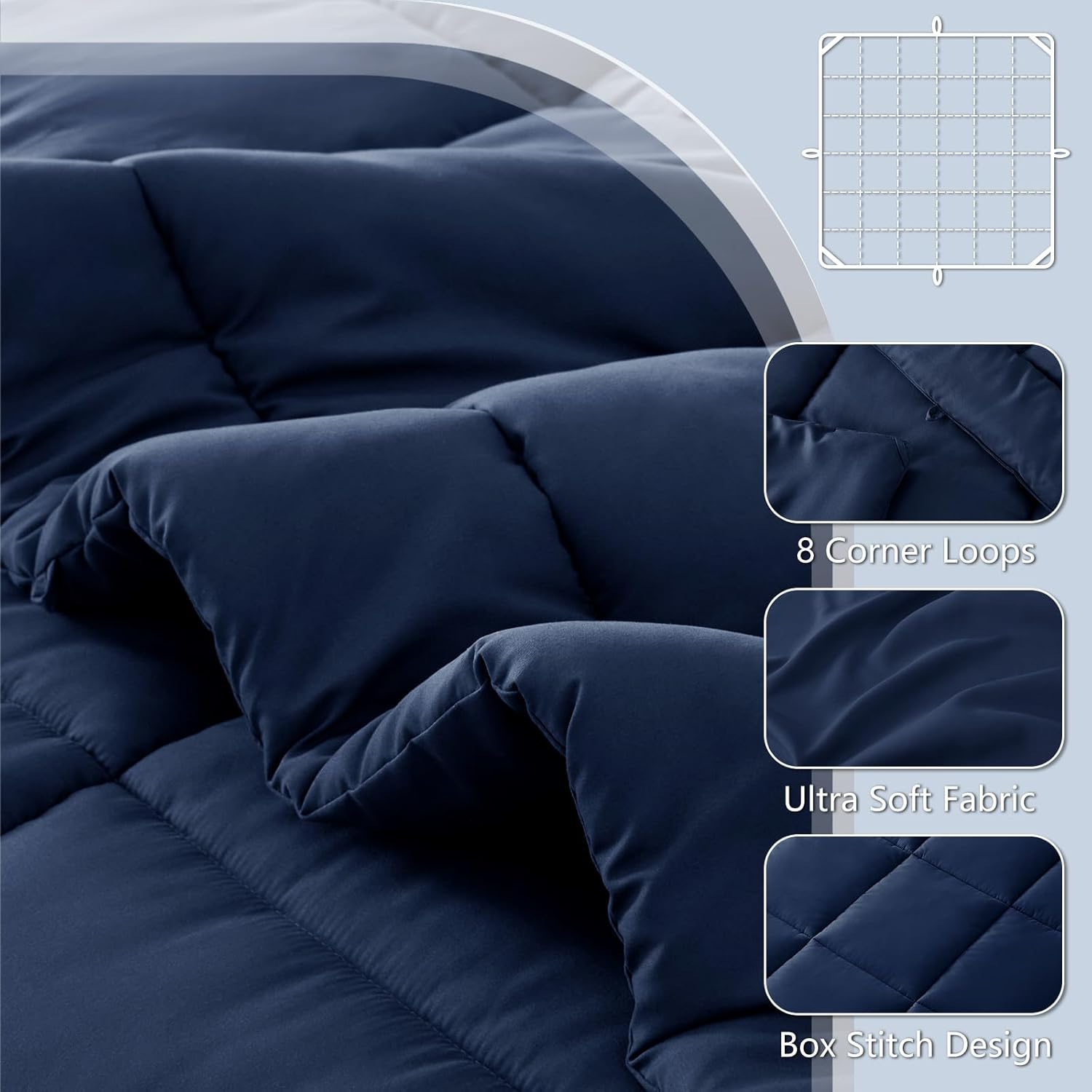 CozyLux Comforters Queen Size Duvet Insert Navy Blue, All Season Quilted Bed Comforter, Box Stitched Down Alternative Duvet with 8 Corner Tabs, Gifts for Women Men, 88 x 88 Inches (Navy Blue)