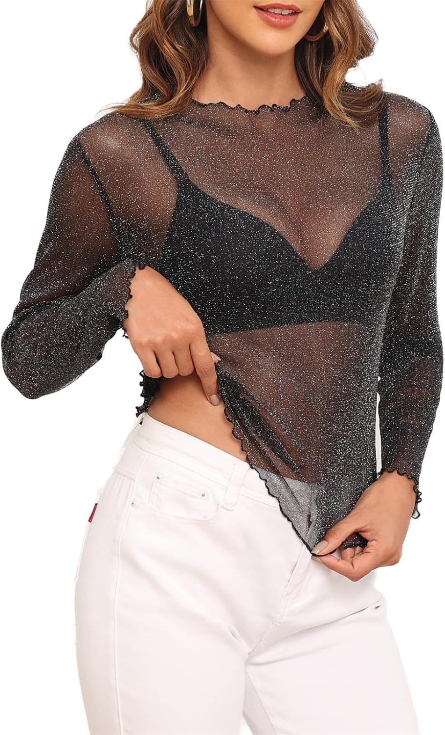 YVH Womens Stretchy Glitter Sheer Mesh Blouse Tops Sexy T Shirt for Layering, Club, Concerts & Party
