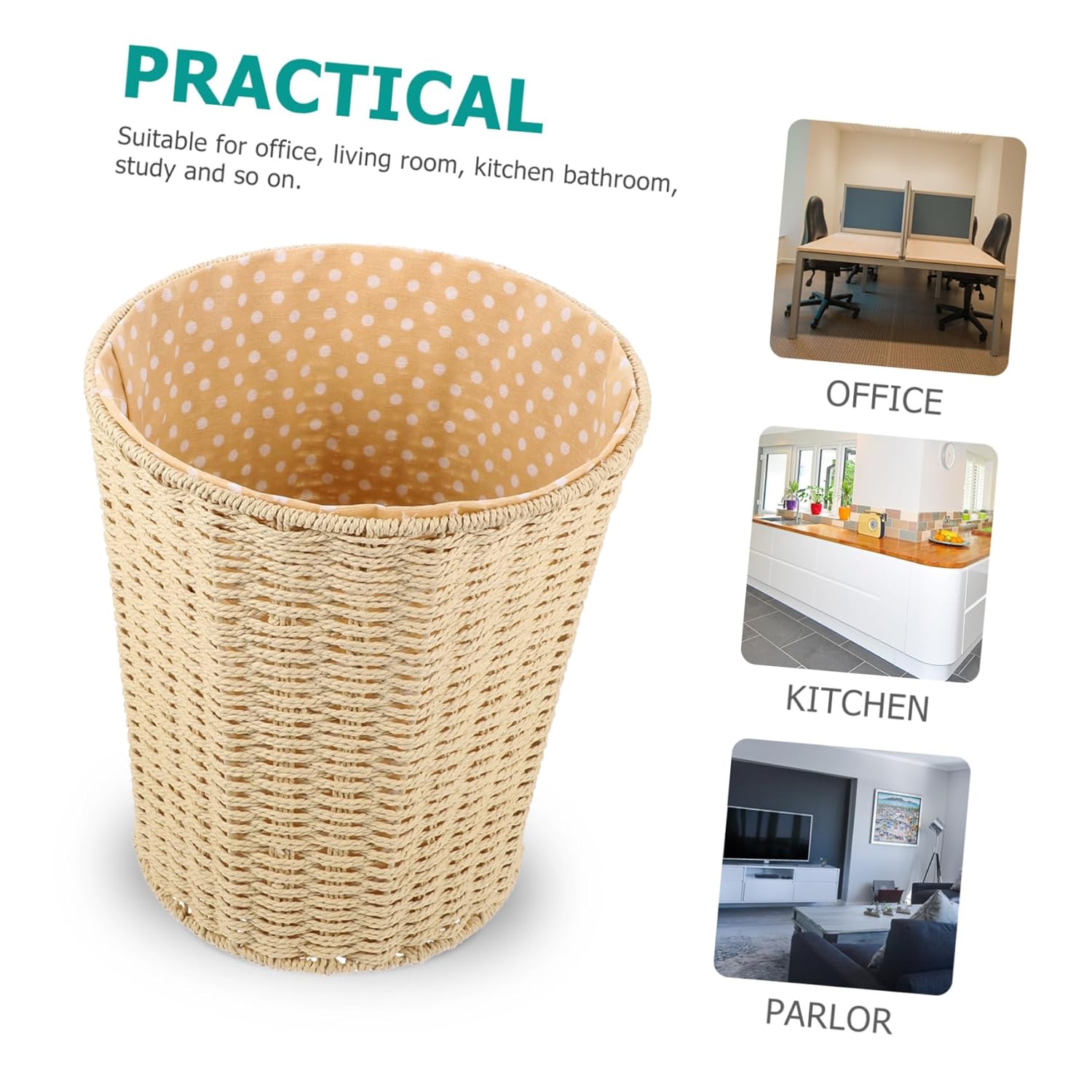 ARTIBETTER Woven Storage Basket Trash Bin with Liner Beige Rattan Wastebasket for Bedroom Kitchen Living Room Home Organization Random Style