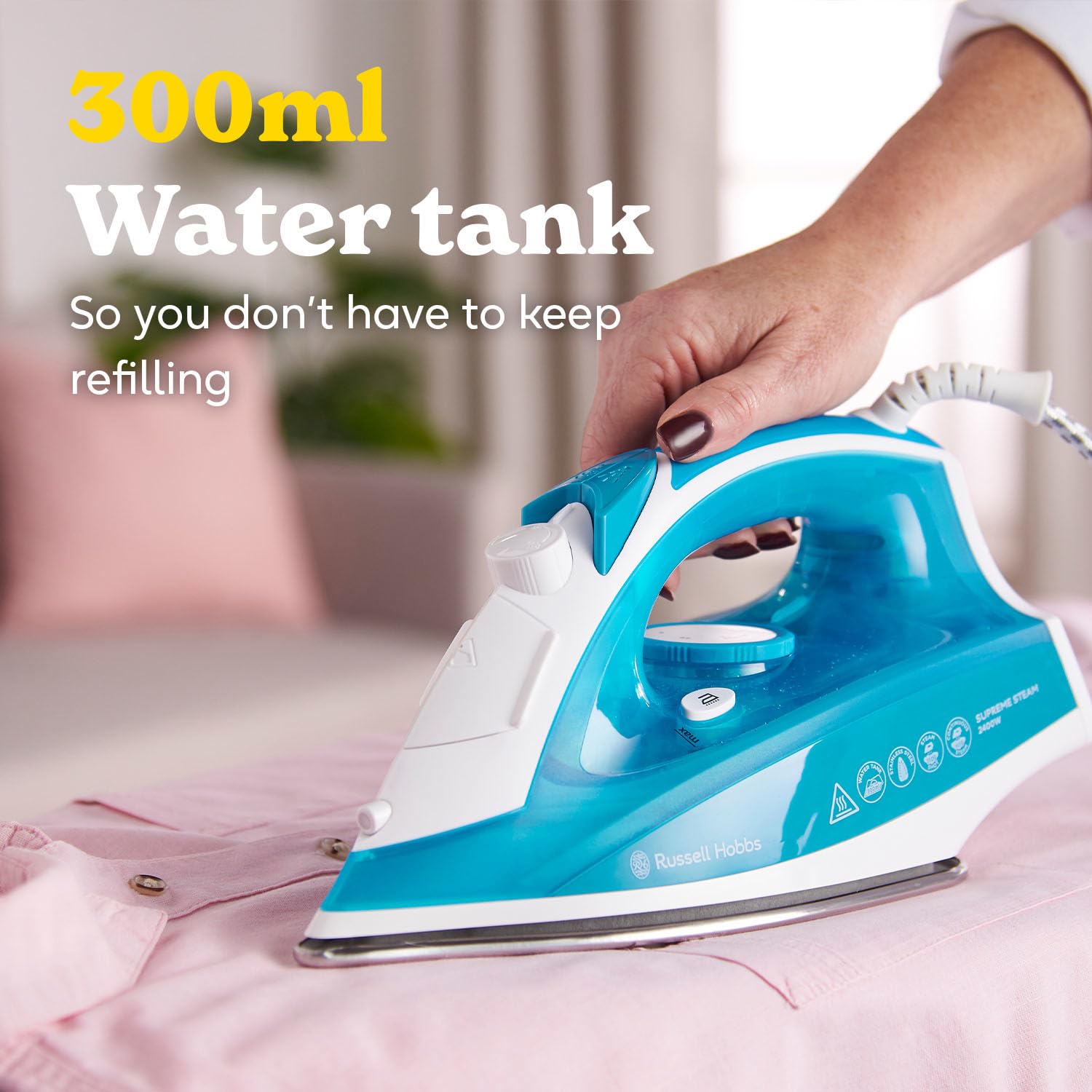 Russell Hobbs Supreme Steam Iron, Powerful vertical steam function, Non-stick stainless steel soleplate, Easy fill 300ml Water Tank, 110g Steam Shot, 40g Continuous steam, 2m Cord, 2400W, 23061 — view 2