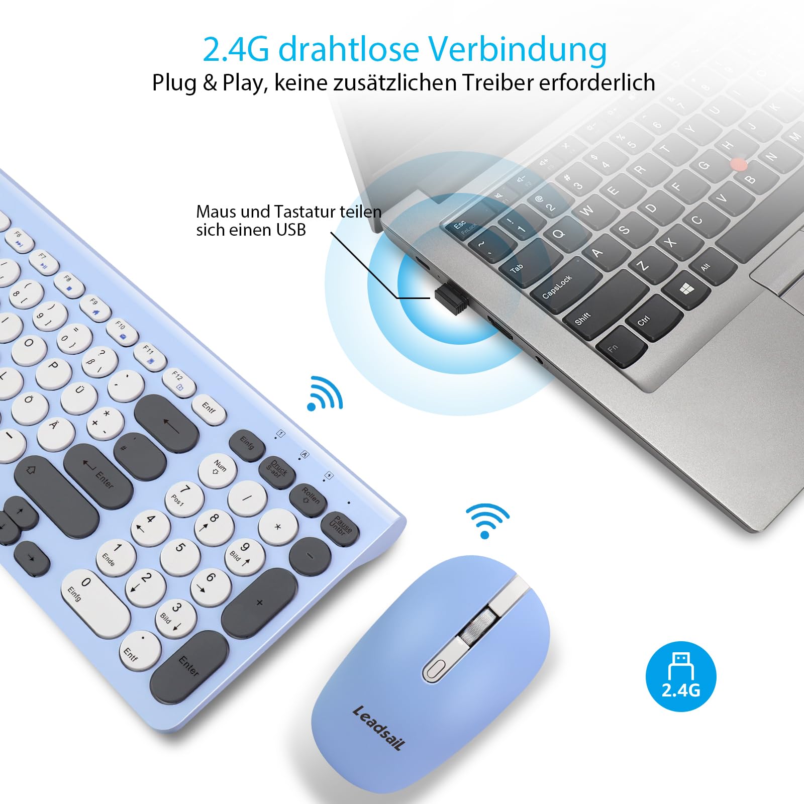 LeadsaiL, Juego de ratón de Teclado inalámbrico, ratón ergonómico y Teclado, Teclado y ratón inalámbricos para PC, diseño alemán QWERTZ, Teclas silenciosas de Teclado y ratón, PC MacOS, Ordenador
