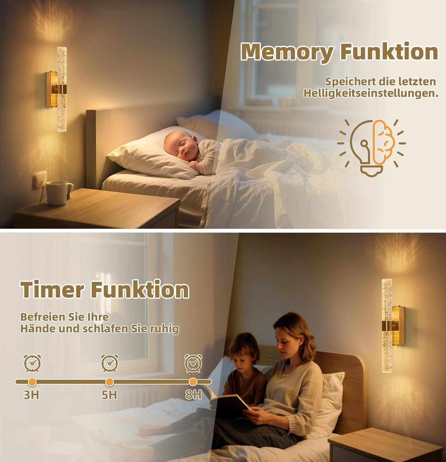 Wandleuchte Innen Akku mit Fernbedienung, Moderne Zylindrischer Blasenlinse 12000mAh Wandlampe, Dimmbar,Timer, 3000K, Kabellos & Ohne Bohren, Für Schlafzimmer,Wohnzimmer, Flur, Gold,2 Set(39CM)