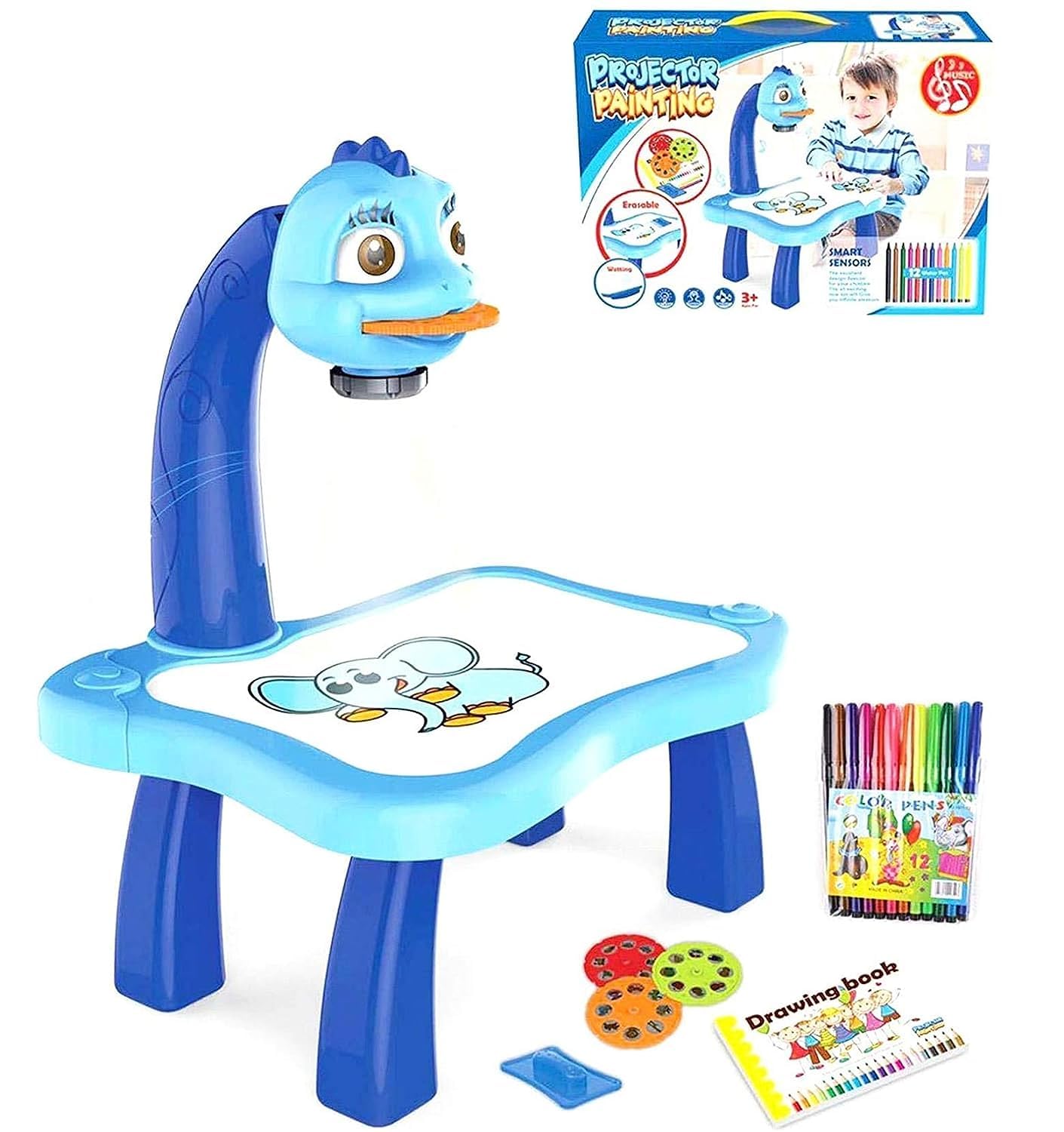Child Learning Desk With Smart Projector, Kids Educational Painting Table Light Music Children Projection Drawing Playset Table, Birthday Gift For Boys Girls (A-Blue, One Size)