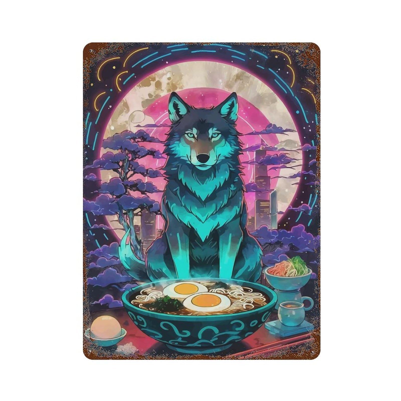 Wolf Ramen Art Weathered Tin Sign 15.7"x11.8", Novelty Wall Decor for Garage, Pub Or Kitchen