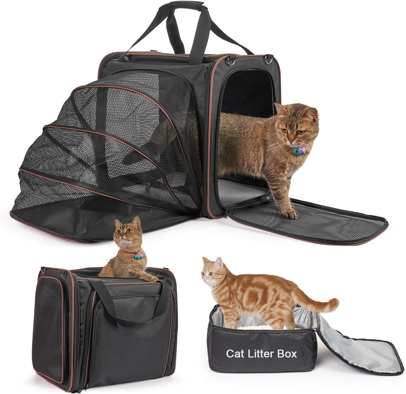 Cat Carrier with Litter Box, Expandable Cat Carrier with Litter Box for Car Travel, up to 20 lb to Road Trip, Camping, or Hotel, Black