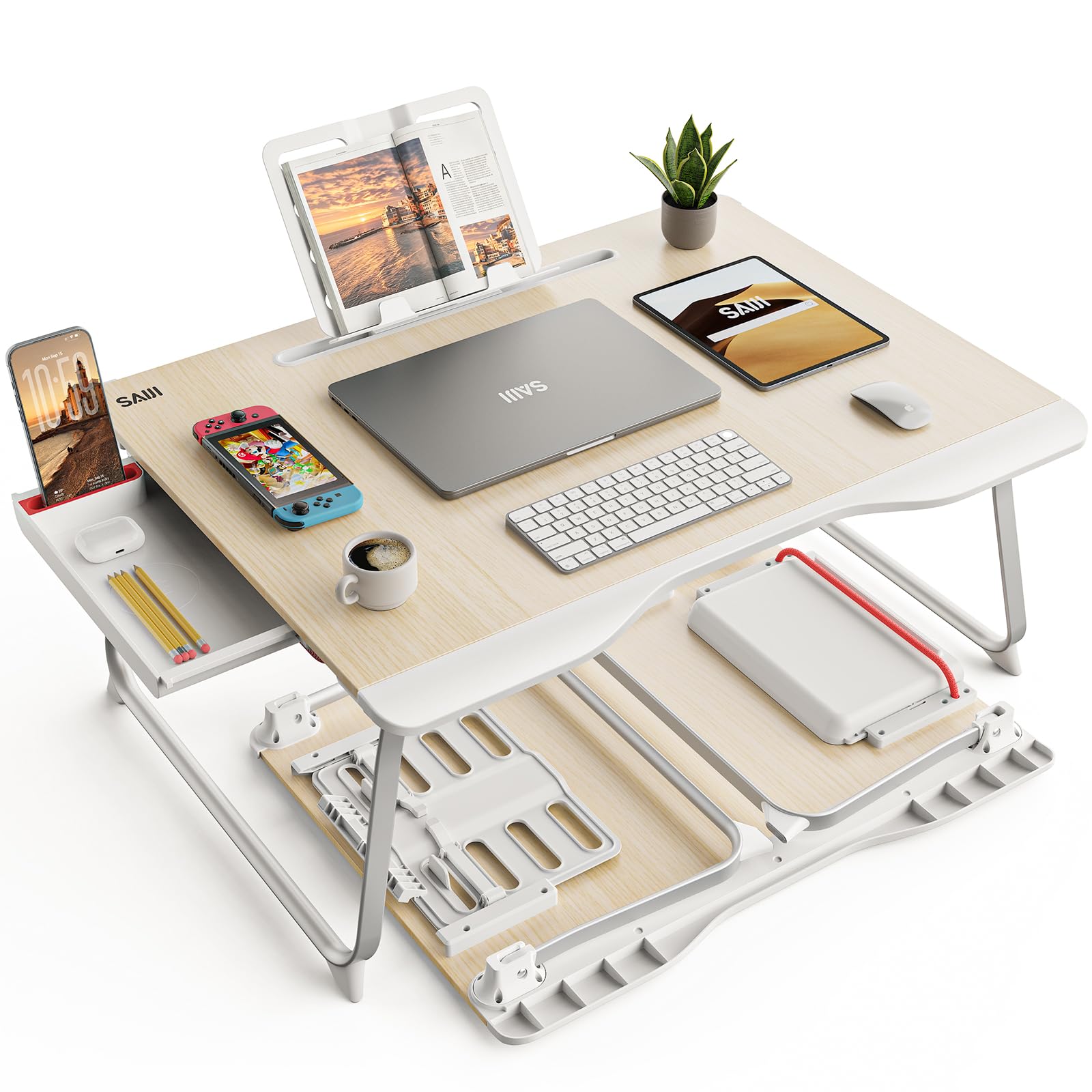 SAIJI Laptop Tablett Bett Tisch, Sstabil XXL klappbar Tisch, für Boden Sofa Essen Arbeiten Spielen Lesen Lernen mit Schublade Buchständer Tablet Handy Ständer (Teak, 65 * 49 * 30cm)