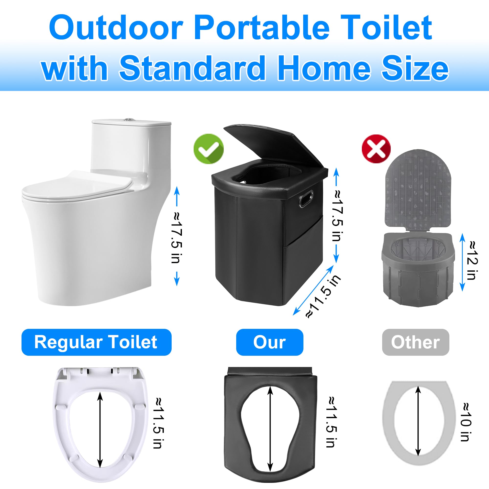 XXL Tragbare Toilette Camping für Erwachsene, 44,5 cm, faltbar, extra groß, Campingtoilette tragbar, tragbare Reise-Toilette mit Handtasche für Wandern, Roadtrip, LKW, Auto, Boot, Zelt und