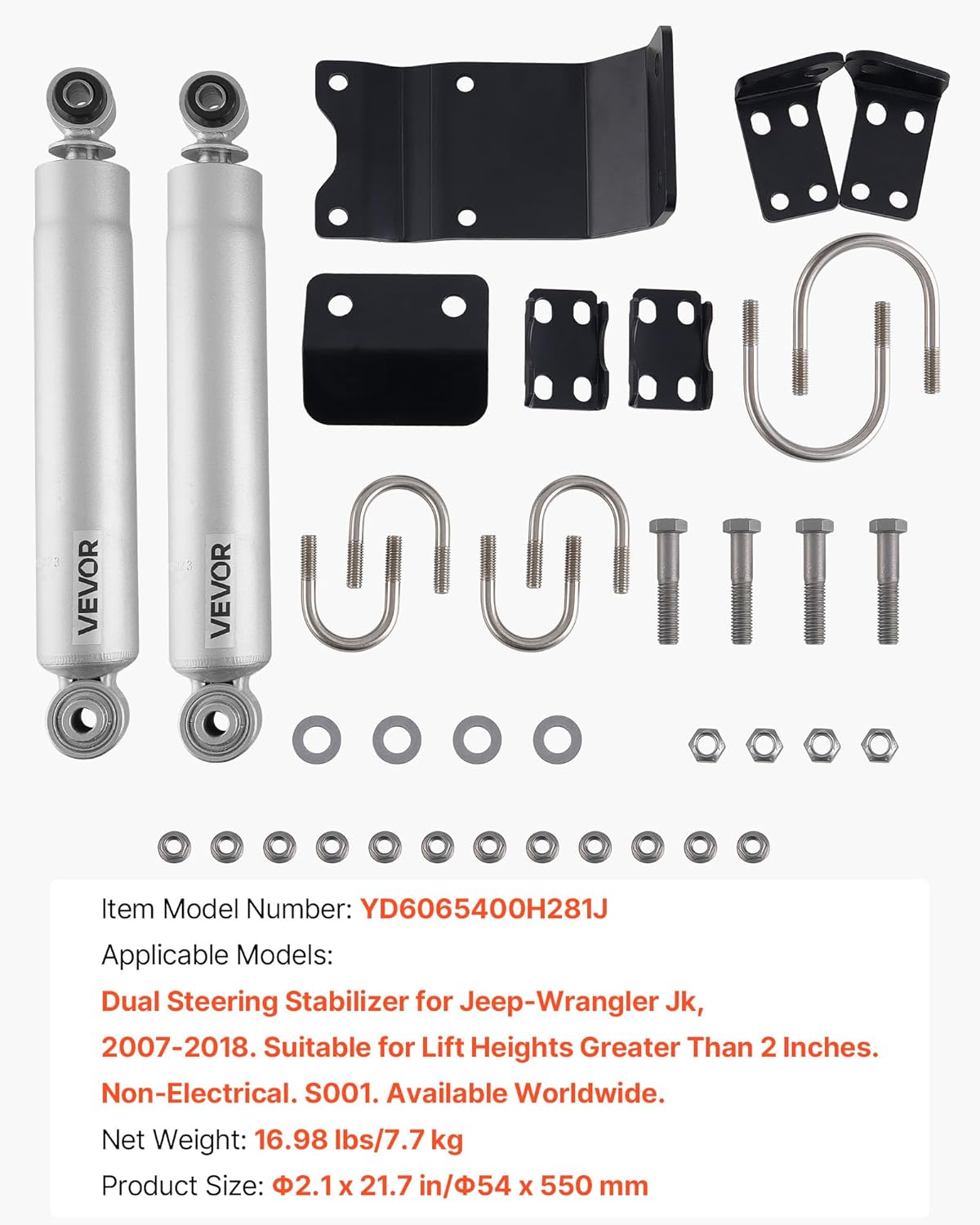 VEVOR Dual Steering Stabilizer, for 2007-2018 Jeep Wrangler JK, Dual Steering Stabilizer Kit Fits with 2 Inches of Suspension Lift or Higher, Enhanced Control & Reduced Vibration, Easy Installation