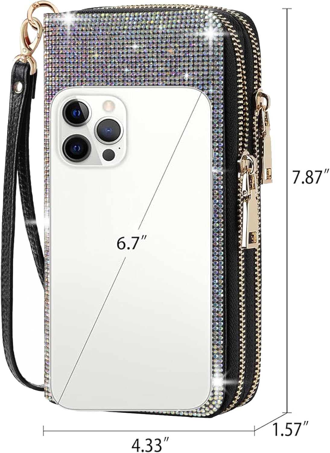 Women's Rhinestone Large Capacity Double Zipper Wristlet Clutch Purse Party Wallet Card Phone Holder