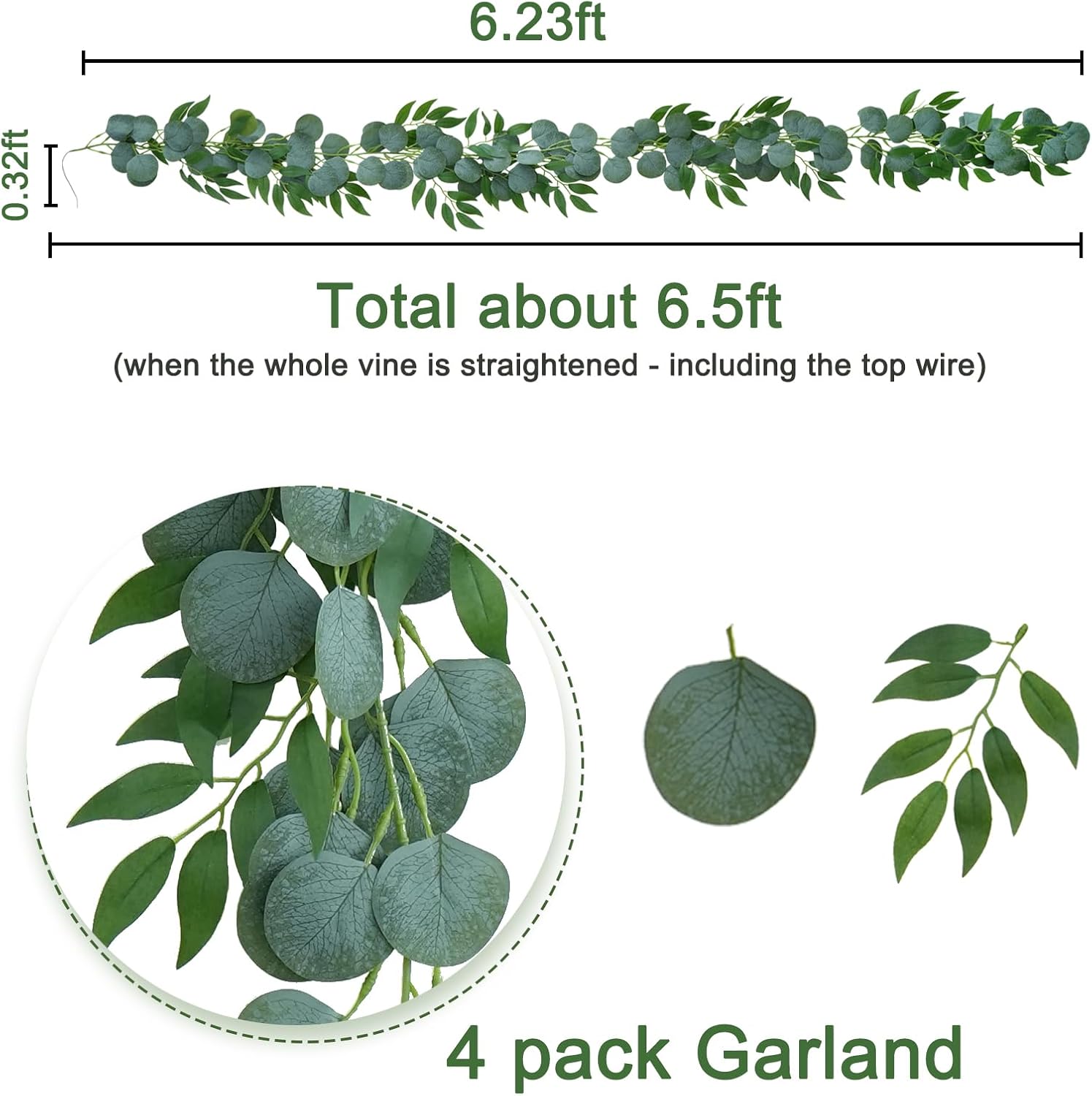 Greentime 4 Pack Artificial Eucalyptus Garland Plant Faux Eucalyptus Leaves Hanging Vines Greenery Garland for Wedding Backdrop Home Indoor Outdoor Table Arch Wall Decoration
