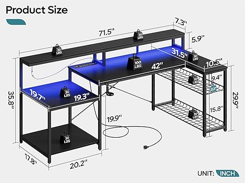 Miniatura 3 de Bestier Gaming Desk with Power Outlet, 71.5 inch LED Computer Desk with Monitor Stand, L Shaped Large Desk with Metal Shelf, Cup Holder & Headset