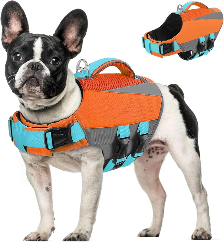 Colete salva-vidas para cães Queenmore com alça de resgate e faixas refletivas, Laranja, XS